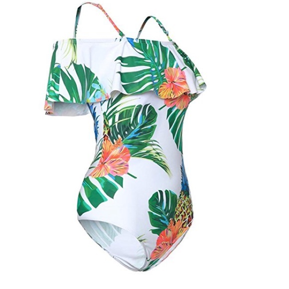 SOLD OUT| White Multi Leaf Off Shoulder Swimsuit - Picture 2 of 3